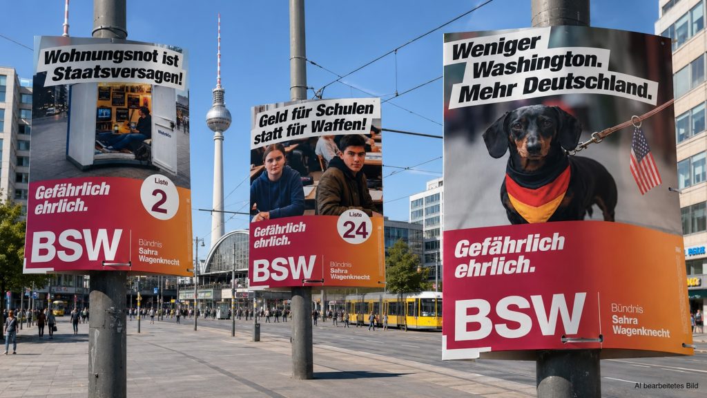 Warum das BSW seine Berlin-Wahl über Washington, Merz und Israel führt – und was das strategisch kostet. Analyse zum Berliner Wahlkampf 2026.