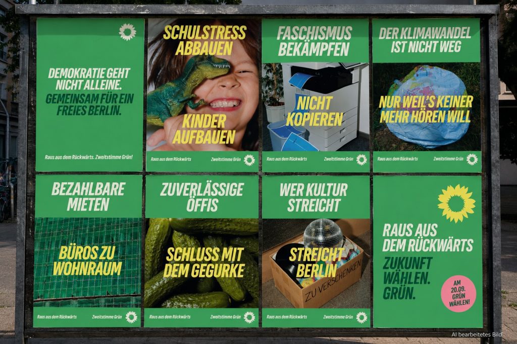 Warum „Raus aus dem Rückwärts" ein starker Frame ist – und wo er die Grünen im eigenen Milieu gefangen hält. Analyse zum Berliner Wahlkampf 2026.