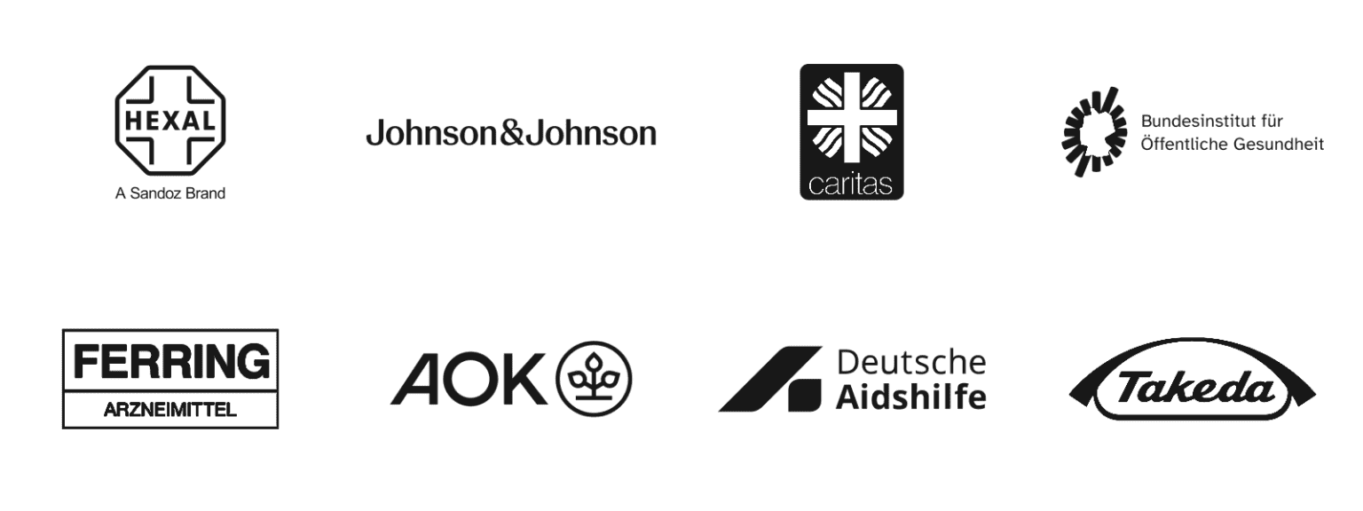 Referenzen: Hexal, Johnson & Johnson, Caritas, BIÖG, Ferring, AOK, Deutsche Aidshilfe und Takeda