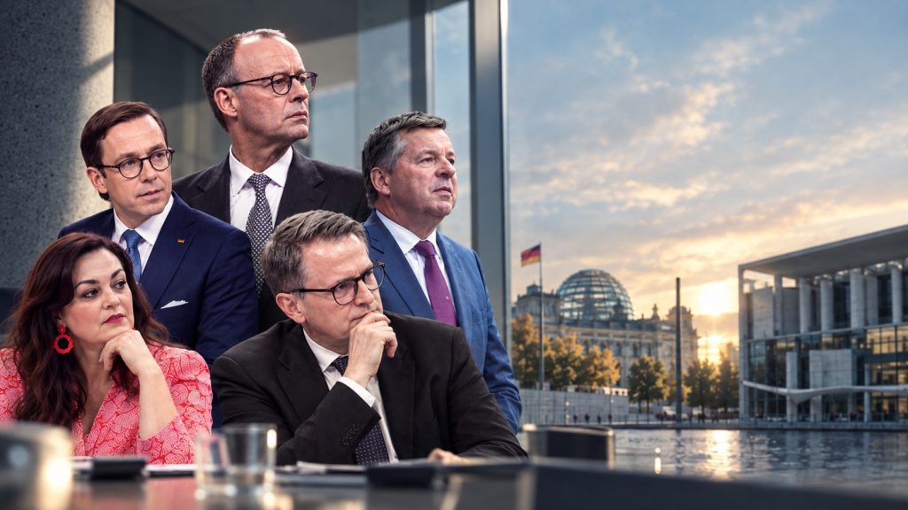 KI-generierte Illustration mit CDU-Politikern vor dem Berliner Regierungsviertel.