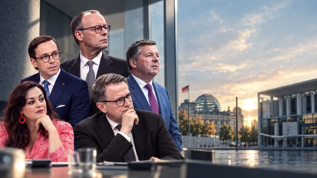 KI-generierte Illustration mit CDU-Politikern vor dem Berliner Regierungsviertel.
