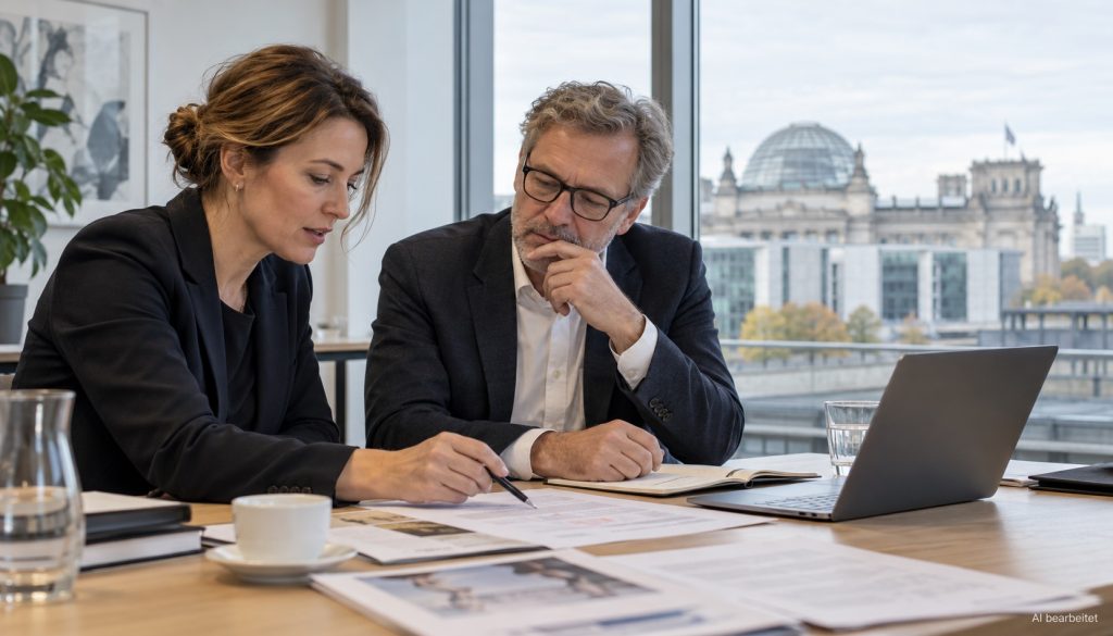 KI in Public Affairs: Zwei Fachleute besprechen ein Briefing im Berliner Regierungsviertel. KI-generiertes Symbolbild.