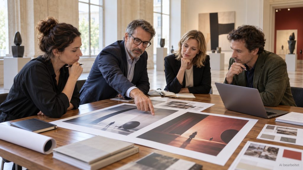 Museumsmarketing-Agentur: Museumsteam und Berater besprechen Entwürfe für eine Ausstellungskampagne. KI-generierte Szene.